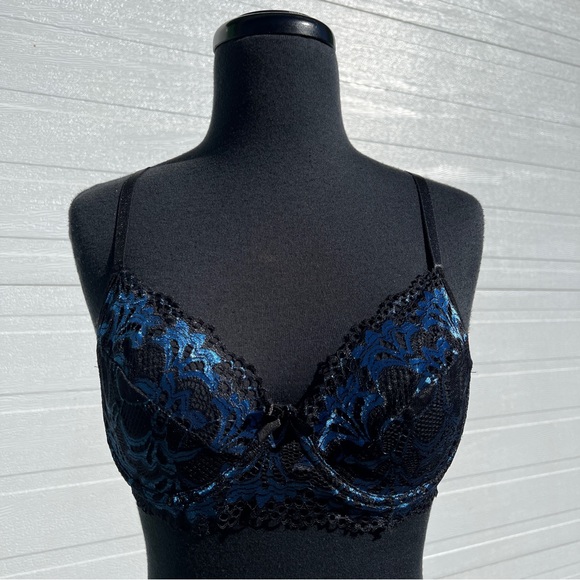 Knotty Knickers Midnight Bloom Black and Blue Metallic Lace Bralette, M - Picture 3 of 13